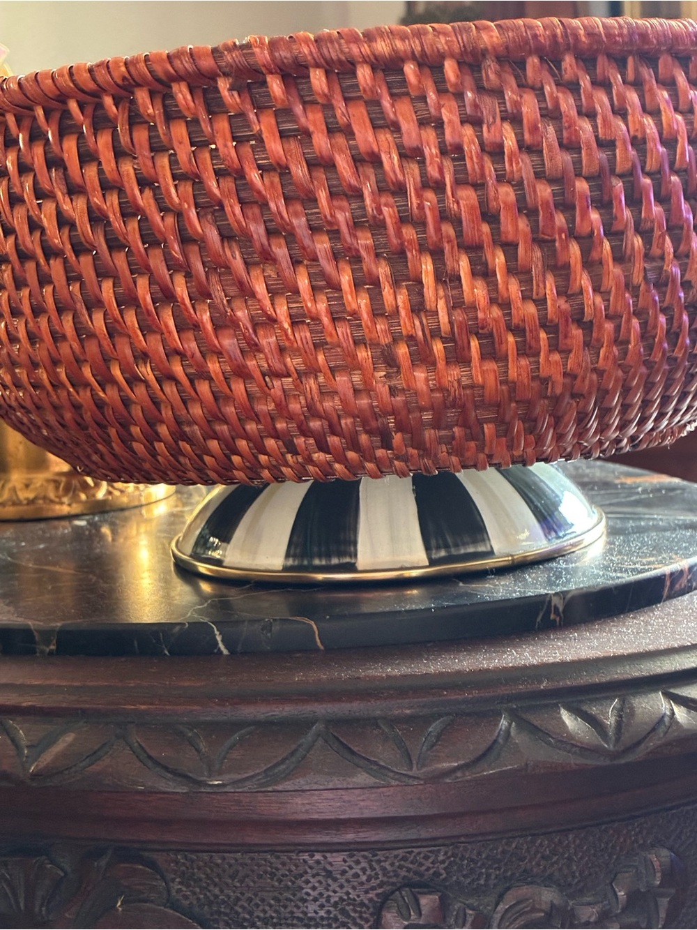 McKenzie Childs Courtly Check Wicker Bowl with Black & White Enamel Base - Picture 4 of 6